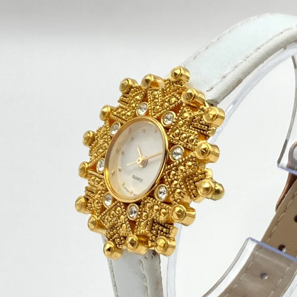 Avon Women's Watch Gold Tone Crystals Bling 35mm White Leather New Battery 7.75